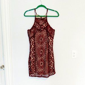 Wine-Red lace halter dress